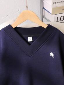 SHEIN Tween Girl Casual Elegant School V-Neck Oversized Loose Fleece Thick Long Sleeve Refined Horse Riding Print Solid Color Sweatshirt, Navy Blue,In Fall/Winter - Navy Blue - View 5