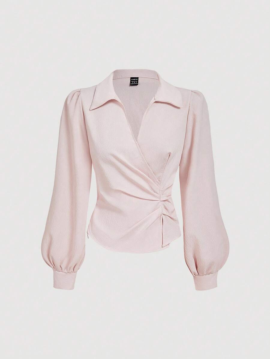 SHEIN MOD Blusa ajustada con mangas farol y pliegues, de unicolor y estilo casual para uso diario, primavera/otoño - Rosa Pálido - Ver 1