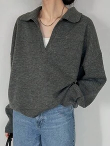 FRIFUL Women's Solid Dark Gray Turndown Collar Dropped Shoulder Long Sleeve Loose Casual Pullover Sweater, Autumn/Winter - Grey - View 7