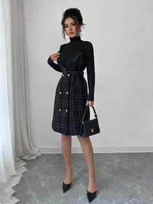 Elenzga 女士优雅通勤格子双排扣吊带迷你连衣裙 - 黑色 - 查看 6