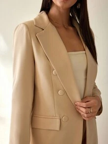 CLARA VERO Women Solid Color Button Front Detailed Jacket And Pants Suit Sets - Beige - View 6