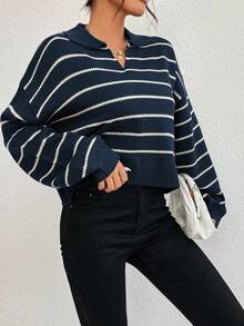 SHEIN Unity 女士棕色条纹休闲针织衫 | 独立日日常穿着 Polo 领上衣 - 藏蓝色 - 查看 6