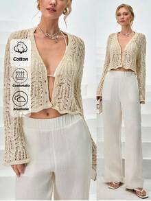 CLARA VERO Women's Button Front Gold Button Shiny Cardigan Cropped Knitted Cover Up Modest Swimwear,Long Cardigans Woman,Petite Cardigans,Cardigans - Beige - View 1