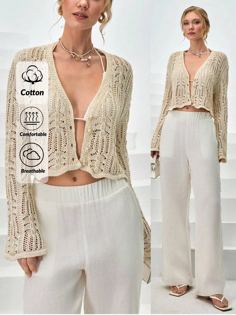 CLARA VERO Women's Button Front Gold Button Shiny Cardigan Cropped Knitted Cover Up Modest Swimwear,Long Cardigans Woman,Petite Cardigans,Cardigans - Beige - View 1