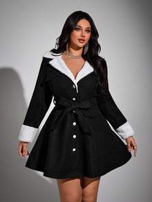 Viva Relle Abrigo largo de mujer de talla grande de unicolor, con cuello y puños de tela esponjosa, con bolsillos, para otoño/invierno - Blanco y Negro - Ver 6