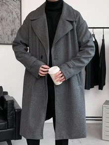 Claim Dot Loose Fit Men's Lapel Collar Drop Shoulder Belted Long Sleeve Overcoat, Fall Winter - Grey - View 4