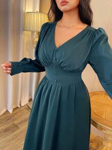 Auvina 大码灯笼袖优雅连衣裙，复古浪漫腰部收腰连衣裙，适合日常穿着，V 领独特垂坠法式晚礼服，宫廷风格 - 綠色 - 查看 5