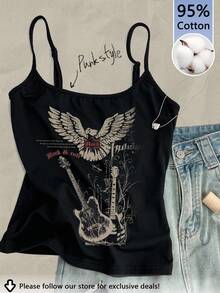 Tseoso Guitar & Eagle Pattern Soft & Comfortable Cotton Blend (95%) Sleeveless Tank Top, Fitted, Suitable For Spring & Summer, Retro Style Back To School - Black - View 1