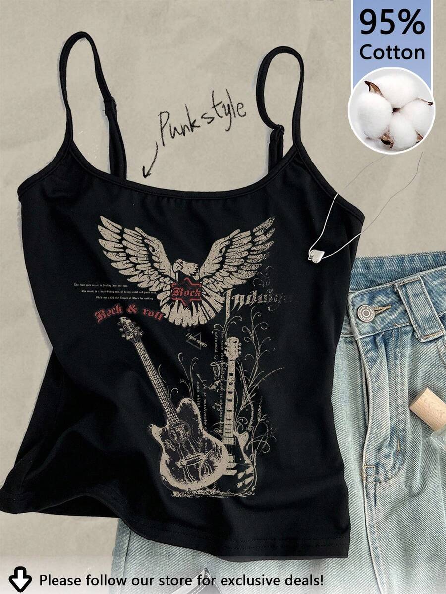 Tseoso Guitar & Eagle Pattern Soft & Comfortable Cotton Blend (95%) Sleeveless Tank Top, Fitted, Suitable For Spring & Summer, Retro Style Back To School - Black - View 1