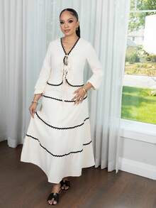 Melissa Matos 2 chiếc/bộ váy & chân váy xếp nếp tay đèn lồng phong cách Pháp thanh lịch - Màu be - Xem 1