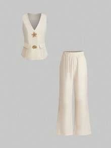 SHEIN LUNE Elegant Business Suit 2 Pieces Set: Vest And Pants - Apricot - View 1