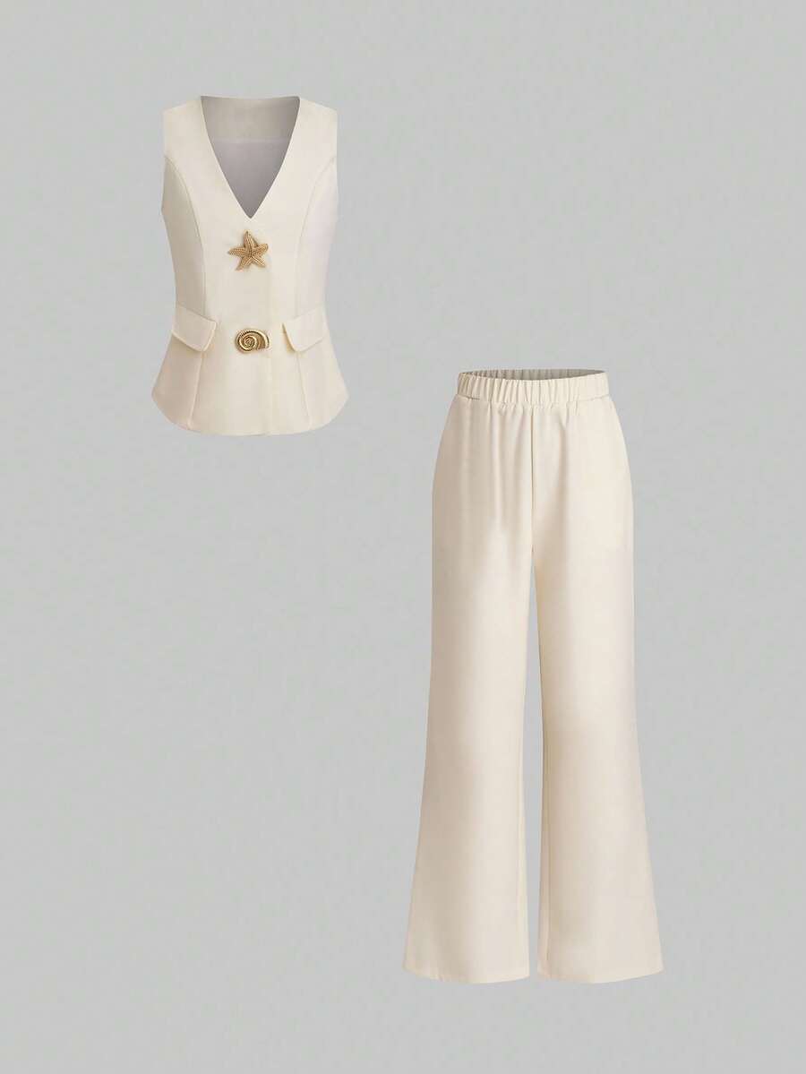 SHEIN LUNE Elegant Business Suit 2 Pieces Set: Vest And Pants - Apricot - View 1