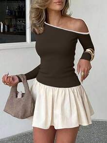 Pariaura 女士时尚双色不对称肩部修身长袖T恤，秋季春季 - 咖啡棕 - 查看 1