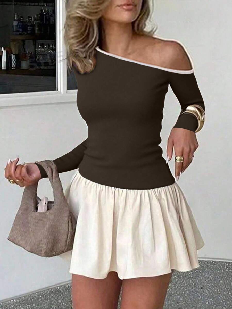 Pariaura 女士时尚双色不对称肩部修身长袖T恤，秋季春季 - 咖啡棕 - 查看 1