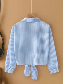 Franclia Elegant French Style Striped Collared Long Sleeve Tie-Front Blouse For Women, New Autumn - Blue - View 2