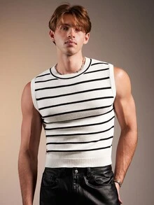 FeverCity Men's Casual Commuter Striped Pattern Slim Fit Sweater Vest, Autumn, For Fall Winter - Black and White - View 1