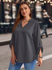 EMERY ROSE Blouse décontractée à col cranté et manches retroussées, couleur unie, grande taille, vêtements d'hiver