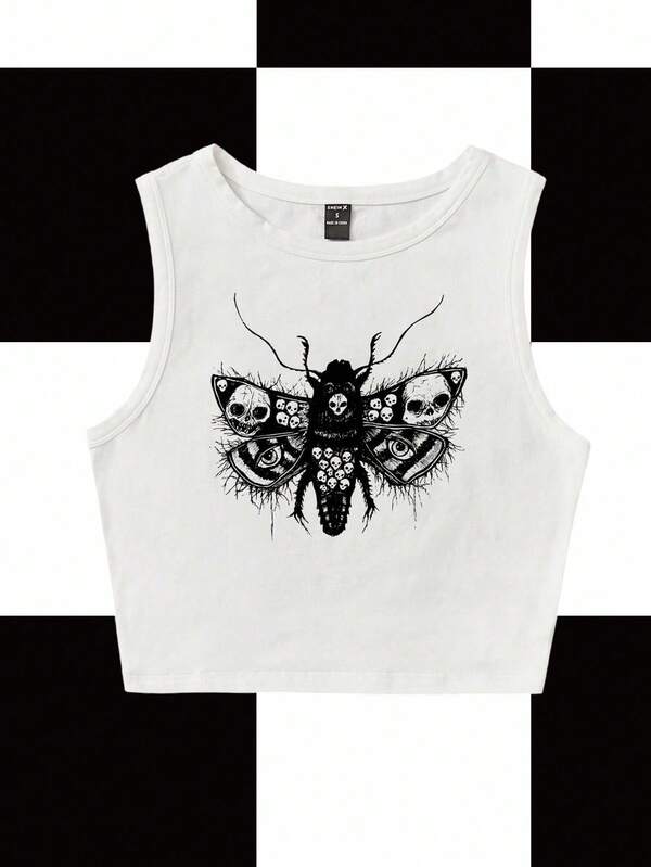 Y2Kool Robin Künstler Dunkel Schädel & Schmetterling Muster Crop Tank Top, für den Sommer, 95% Baumwolle, Urlaub, Ferien, Frühling, Strand, Ausgehen, Festival, Ibiza passend für Herbst, Lässig Stylische Bekleidungskollektion, Neujahrskostüme