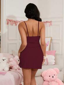 Snug Zone Plain Burgundy Mini Nightwear With Flattering Fit And Spaghetti Straps - Burgundy - View 2