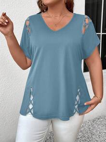 SHEIN LUNE V领交叉镂空大码女式纯色短袖T恤 - 藍色 - 查看 5