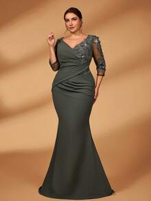 Serin Plus Size Autumn And Winter Elegant Gorgeous Luxury Lace Beads Applique See-Through Long Sleeves Spliced ​​Stretch Knit Gathered Mermaid Hem Dress Suitable For Wedding Events Bachelorette Party Holiday Dance Dinner Mother Of The Bride Dress Guest Dresses, Valentine's Day - Dark Green - View 5