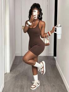 Slaydiva Women's Solid Color Backless Yoga Jumpsuit - Brown - View 6