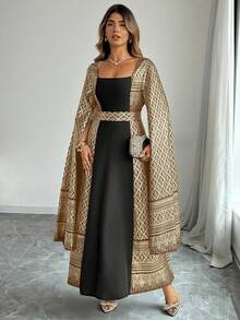 SHEIN EMERY ROSE CURVE 大码女式优雅方领撞色印花连衣裙 - 棕色 - 查看 4