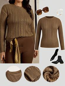 Zelara Plus Size Chocolate Brown Crew Neck Sweater,Autumn Smart Casual Cozy Cable Knit Top For Women,School Back-To-School Winter Business Casual Outfits - Mocha Brown - View 3