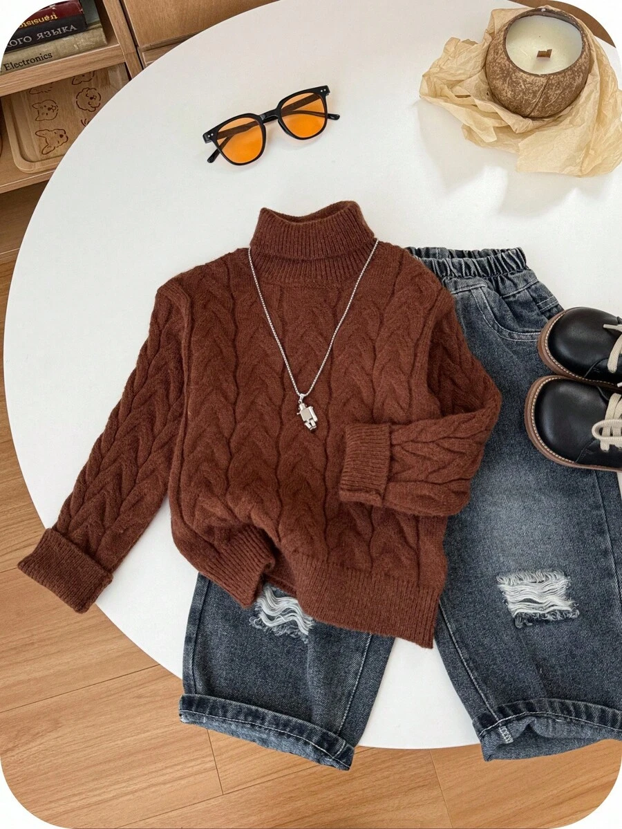 SHEIN Young Boys' Brown Heathered Knit Pullover Sweater, Casual Comfortable Thick Warm High Neck, Versatile For Back To School, Autumn/Winter Fall