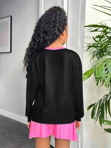 Tween Girl Letter Print V-Neck Loose Casual Sweatshirt - Multicolor - View 2