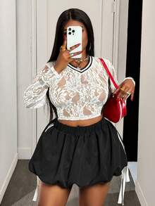 Slaydiva 2025 Spring/Summer New Arrival Street Sports & Sexy Street & Ballet Style Black & White Sheer Lace Colorblock + Rhinestone 23 Graphic Fitted V-Neck Long Sleeve Cropped Top And Black Colorblock White Ribbon Tie Bow Mini Skirt Women Plus Size 2 Pieces Set - Multicolor - View 2