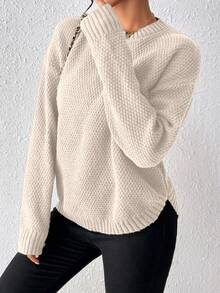 EMERY ROSE Women's Casual Loose Fit Drop Shoulder Crew Neck Long Sleeve Solid Color Sweater, Autumn - Khaki - View 3