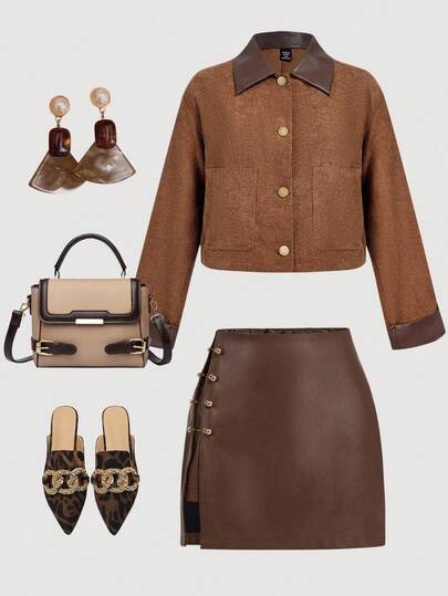 SHEIN MOD 大码休闲拼接口袋棕色夹克，返校季灯芯绒夹克，秋季/冬季，复古时尚，休闲拼接口袋棕色夹克，适合秋冬季返校季穿着