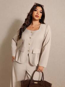 Elaquor Plus Size Elegant Solid Color Blazer And Pants Two Pieces Suit, Office Wear Classy Pant Suit Set Women Dressy Pant Suit Plus Size Two Pieces Outfit Two Pieces Pant Set Women Women Dressy Two Pieces Set Plus Size Pant Suit Beige Two Pieces Set