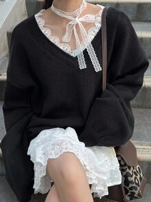 FRIFUL Áo len chui đầu cổ tròn thắt nơ viền ren đen cho nữ, dáng rộng, đa năng cho mùa thu - màu đen - Xem 1