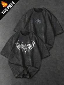 Gym Rark 2 buah Kaos Olahraga Pria Modis dengan Motif Grafis Jalanan, Bahu Jatuh, Model Longgar, Warna Washed, Musim Panas - Hitam - View 1