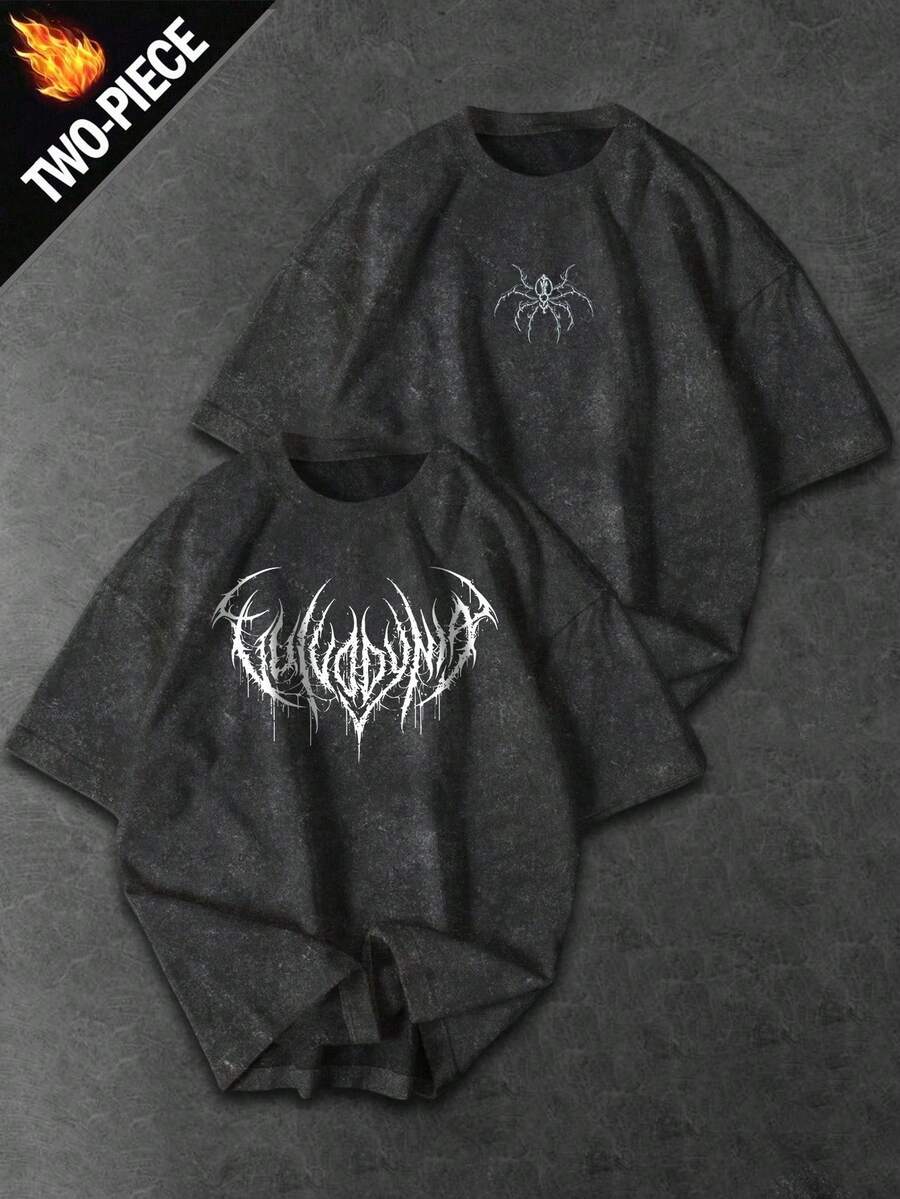 Gym Rark 2 buah Kaos Olahraga Pria Modis dengan Motif Grafis Jalanan, Bahu Jatuh, Model Longgar, Warna Washed, Musim Panas - Hitam - View 1