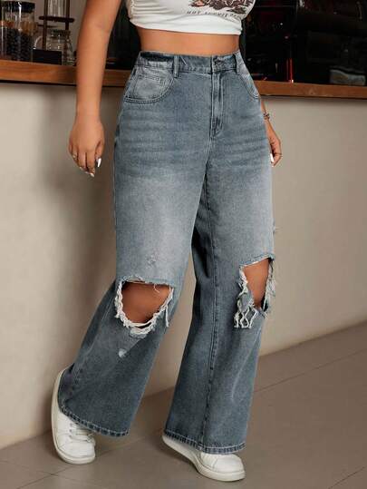 EURMUSE Plus Size Casual Washed Distressed High Waist Jeans