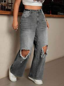 EURMUSE Plus Size Summer Casual Distressed Slant Pocket Denim Jeans - Light Grey - View 1