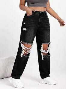 EURMUSE 女式大码休闲破洞牛仔裤 - 黑色 - 查看 4
