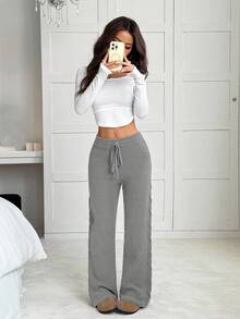 EURMUSE Quần ống rộng dệt kim dày có dây rút eo rộng rãi thường ngày cho nữ, mùa thu/đông - Xám - Xem 6