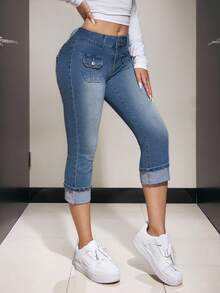 SHEIN ICON 女士浅色休闲日常牛仔裤 - 深色水洗藍 - 查看 4