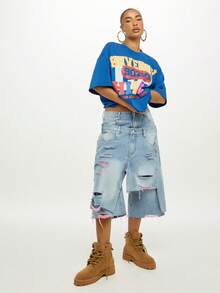 SUMWON WOMEN Áo thun oversized in họa tiết Beverly Hills Los Angeles County phong cách đường phố cổ điển 90210, dáng rộng, thoải mái, thời trang mùa hè, dáng suông, tuyên bố thời trang - Màu xanh hải quân - Xem 3