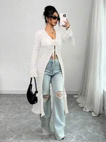 Rafferiza Brown V-Neck Long Sleeve Flared Cuff Knit Long Cardigan For Women, Casual Fit, Spring/Autumn