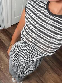 Andrea Bello Women's Casual Striped Round Neck Cap Sleeve Dress, Summer - Black and White - View 4