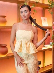 Andrea Bello Bộ 2 chiếc áo yếm và quần vải jacquard thanh lịch dành cho nữ, mùa hè - Màu vàng - Xem 4