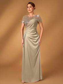 Serin Elegant Luxurious Beaded & Sequin Satin Ruched Mermaid Hem Skirt, Suitable For Weddings, Parties, Vacations, Galas, Evening Gowns, Mother Of The Bride