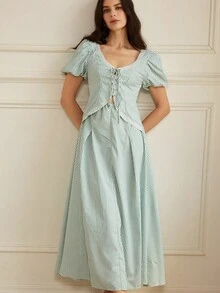 EMERY ROSE Váy Oktoberfest gợi cảm tay phồng kẻ sọc cổ khoét sâu eo bó sát - màu xanh lá - Xem 3