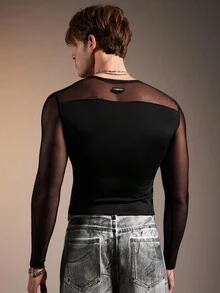 FeverCity Camiseta de manga larga con cuello redondo, de malla y parches, de moda y sexy para hombres, para el otoño - Negro - Ver 2