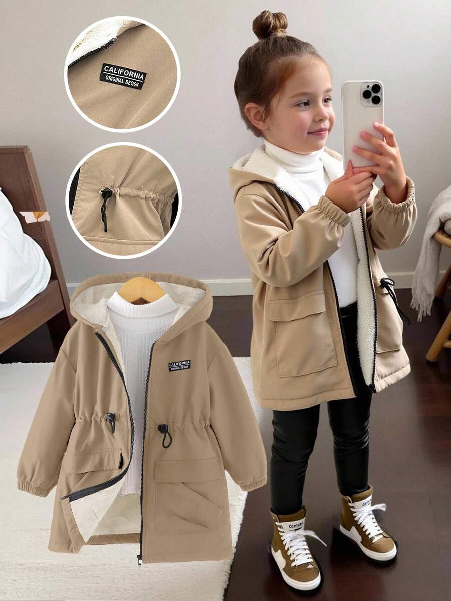 Chaqueta con capucha casual de color caqui para niña, con forro térmico, adecuada para otoño/invierno - Caqui - Ver 1